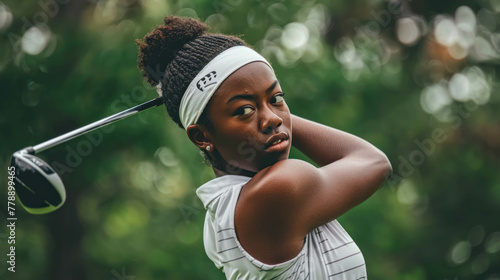 Black Woman Executing A Golf Swing, Athletic Female photo