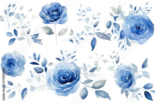 Blue roses watercolor clipart on white background  defined edges floral flower pattern background with copy space for design text or photo backdrop minimalistic