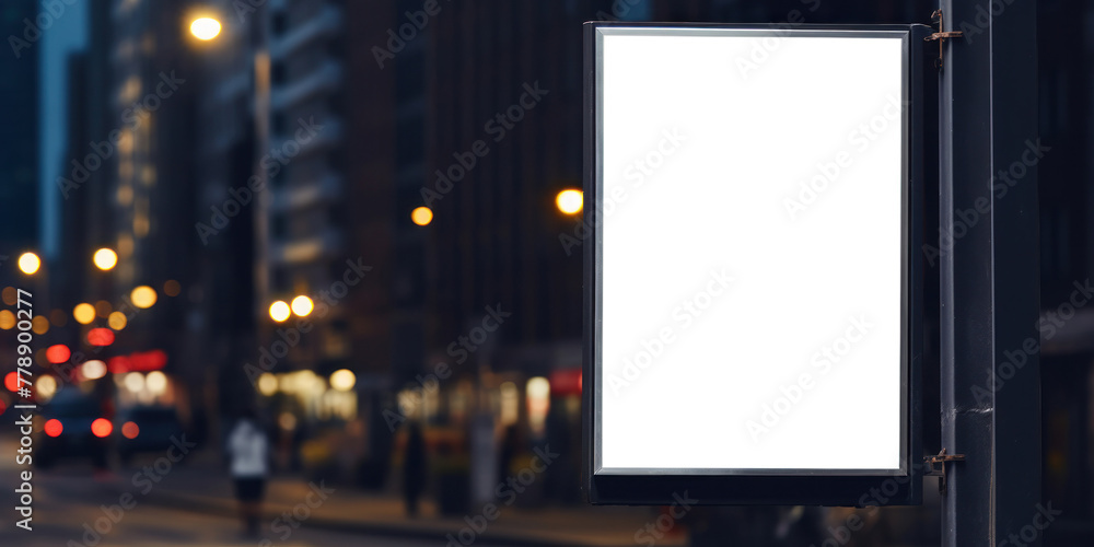 Blank advertising banner on a pole with blurred night city street background. Empty space for product placement or text. Blank advertising banner on a pole with blurred night city street background. Empty space for product placement or text.