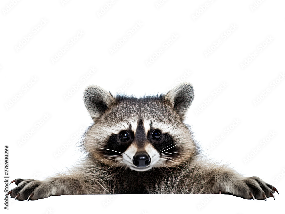Raccoon with paws spread apart on a white background. Empty space for product placement or advertising text.