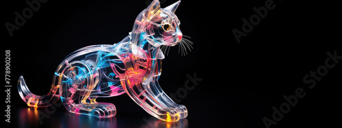 Transparent glass figurine of a cat with illumination on a black background. Plastic cat in multi-colored lighting.