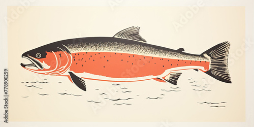Pink salmon or trout on a beige background. Vintage sketch of a fish in sepia tones.