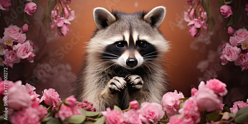 A raccoon sits with its paws folded on a pink floral background. Spring or summer advertising banner layout for exotic pets product. photo