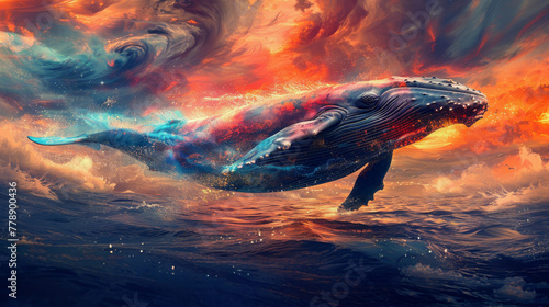 Majestic Humpback Whale Leaping from Fiery Ocean at Sunset © Yulia