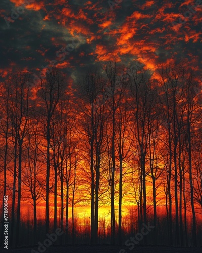 Bare trees against a winter sunset  stark silhouettes in a fiery sky  3DCG clean sharp focus