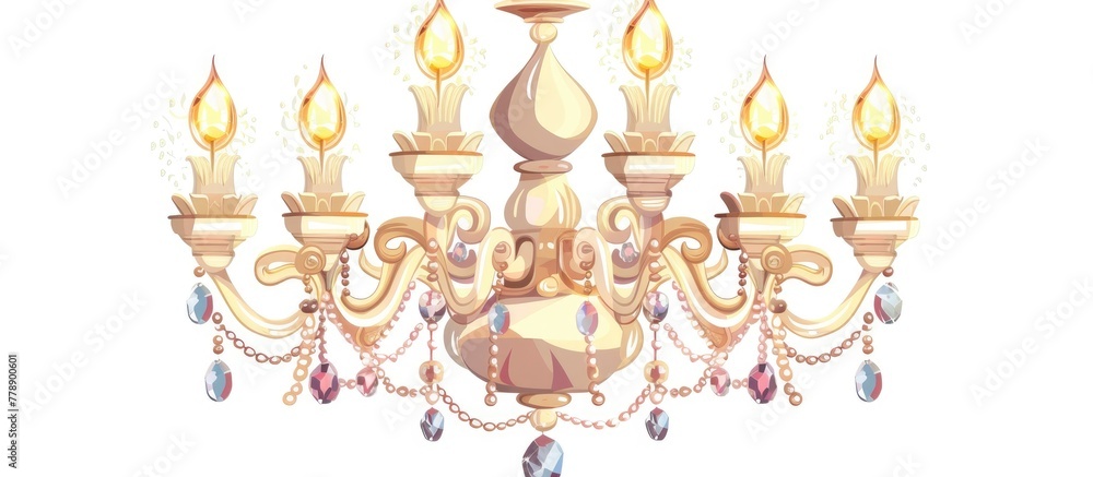 A stunning chandelier adorned with candles and crystals, displayed against a clean white background. An exquisite piece of art perfect for any room or event A stunning chandelier adorned with candles and crystals, displayed against a clean white background. An exquisite piece of art perfect for any room or event