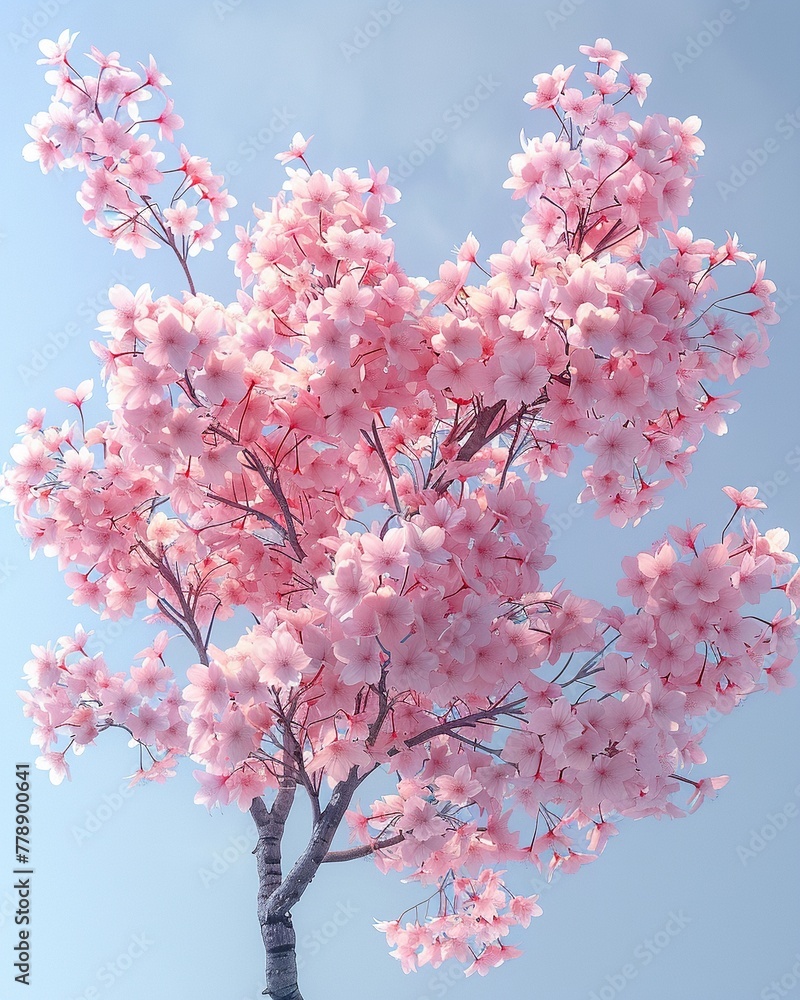 Cherry blossoms in full bloom, a cloud of pink against the blue ,3DCG,clean sharp focus