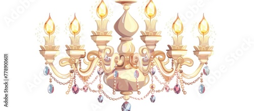 A stunning chandelier adorned with candles and crystals, displayed against a clean white background. An exquisite piece of art perfect for any room or event