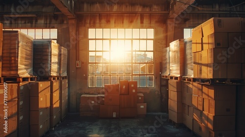 warehouse with cardboard boxes on wacks. sunsetin the window under the ceiling photo