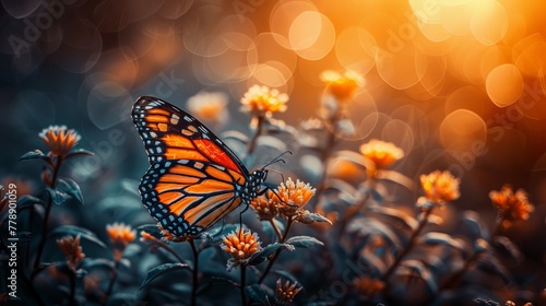 A butterfly with colorful wings rests on the petals of a flower.   biodiversity and environmental conservation, and screensavers for environmental and educational publications. © Marynkka_muis