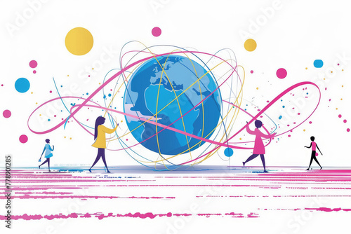 Global Network Connectivity and Diverse People Interaction Illustration