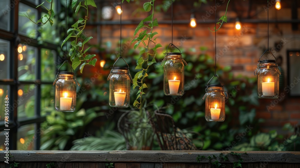   A line of lit candles in mason jars hangs in front of a brick wall - obrazy, fototapety, plakaty 