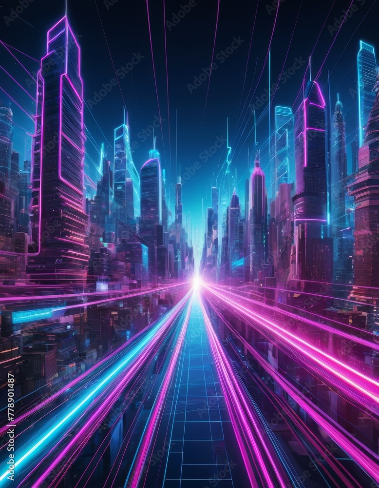 Futuristic cityscape with radiant neon lights and skyscrapers, embodying a cyberpunk aesthetic perfect for visualizing advanced urban development and technology themes