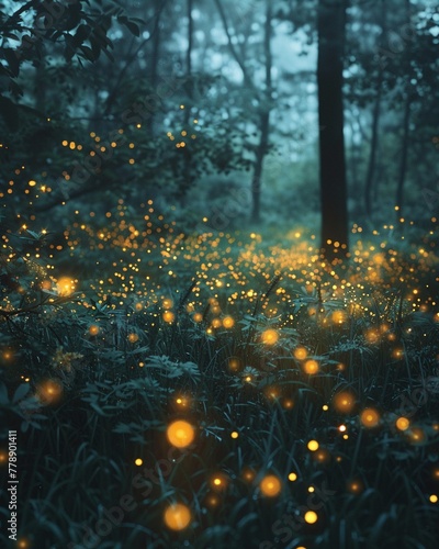 Fireflies glowing mysteriously in the evening, natures fairy lights ,high resulution,clean sharp focus © Oranuch