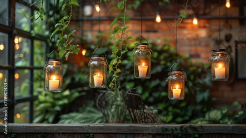   A line of lit candles in mason jars hangs in front of a brick wall