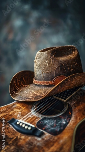Acoustic guitar and cowboy hat simple background