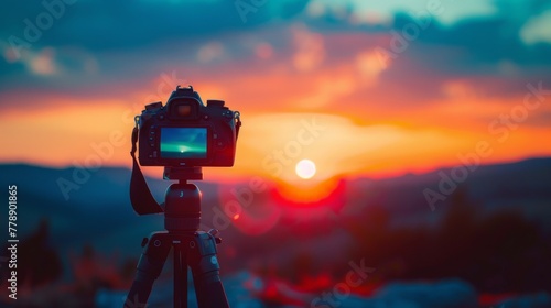 Camera tripod and sunset minimalist horizon photo