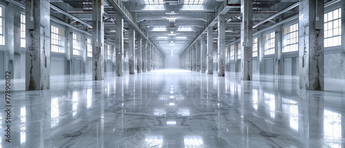 Fototapeta Naklejka Na Ścianę i Meble -  Spacious Industrial Warehouse, Modern Interior Design with Metal Structures and Large Storage Space