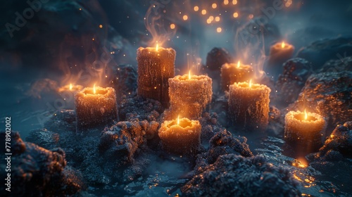  A group of glowing candles placed atop a pile of stones amidst a nighttime setting