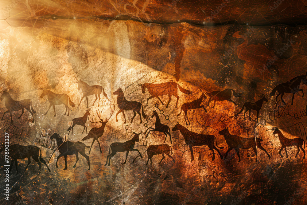 Naklejka premium Cave art pattern made of ancient wild animals, horses and hunters.