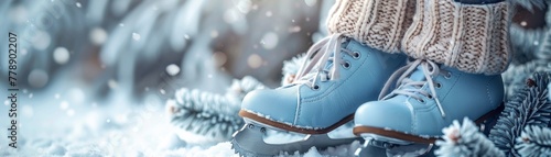 Ice skates and winter scarf isolated on frosty background