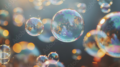 Close-up of colourful soap bubbles floating with a bokeh background.