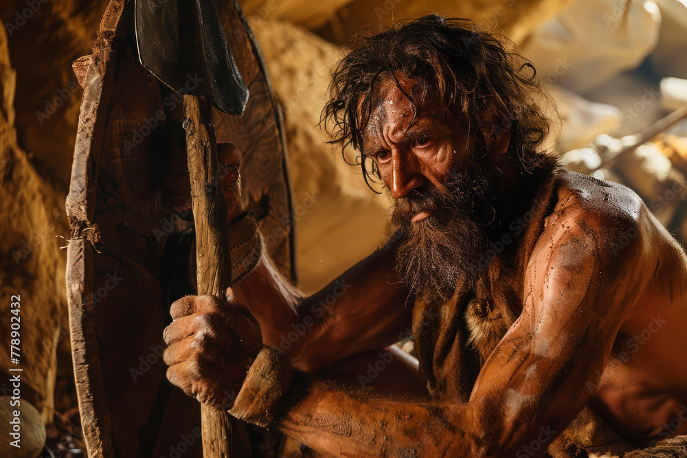 Neanderthal Using Hand axe to Create first Wheel.