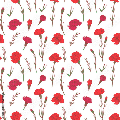 Carnation  flowers and leaves seamless pattern  vector sketch illustration  hand drawn  black outline