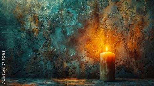 A candle lit, positioned atop a table facing a stone-wall painting