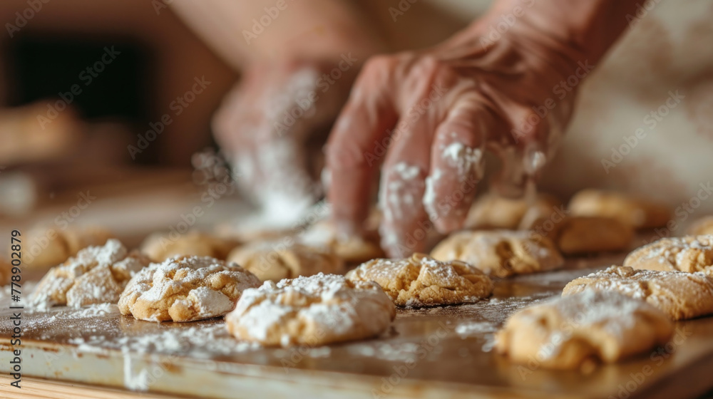 Dusting sugar over freshly baked cookies on a tray.