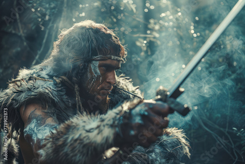 Primeval Caveman Wearing Animal Skin and Fur Hunting with a Stone Tipped Spear in the Prehistoric Forest. photo
