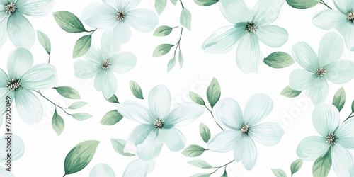 Mint Green flower petals and leaves on white background seamless watercolor pattern spring floral backdrop 