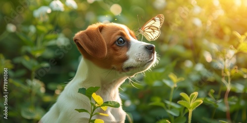 Beagle puppy looks at a butterfly, sun rays.
Concept: veterinary clinics and pet stores, raising animals or materials about pet care. photo