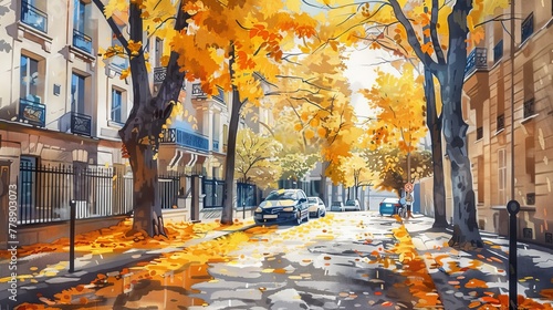 Autumn in street. sunlight, digital watercolor painting with yellow leaves and juicy colors © Yevhen
