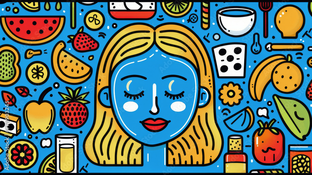 Colorful Illustrated Woman Surrounded by Food and Nature Patterns