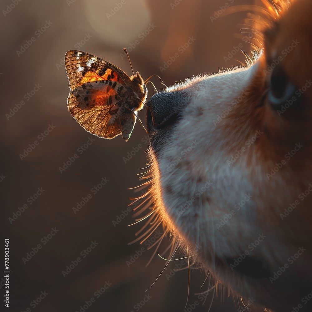 Fototapeta premium Jack Russell Terrier dog and a butterfly against the backdrop of a sunny and green summer meadow. Concept: pet care, veterinary services, friendship