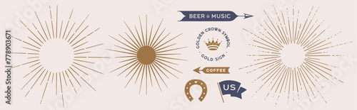 Vintage set. Sunburst, sun light ray, vintage retro graphic. Set of light rays, sunburst and rays of sun. Hand drawn design elements, linear drawing, design sign, symbol. Vector Illustration