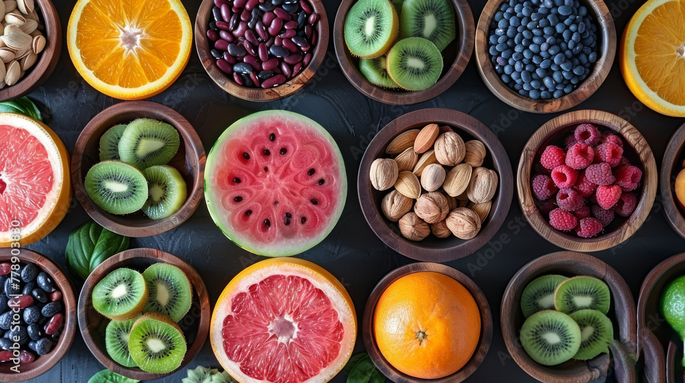 A table displaying various fruits and vegetables in bowls, alongside nuts and fruit arranged on top of each other A table displaying various fruits and vegetables in bowls, alongside nuts and fruit arranged on top of each other