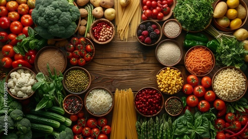  A wooden table topped with various fruits and vegetables, accompanied by bowls of pasta and vegetables