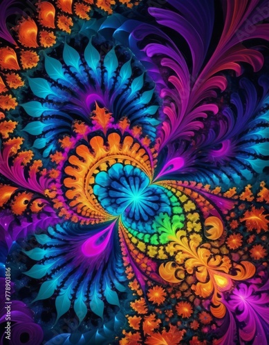 A brightly colored digital fractal art piece  with intricate patterns and a dynamic composition that captures the essence of mathematical beauty and complexity