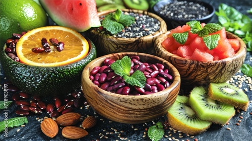   A variety of fruits, nuts, and seeds are displayed in bowls on the table, including watermelons, kiwis, and oranges