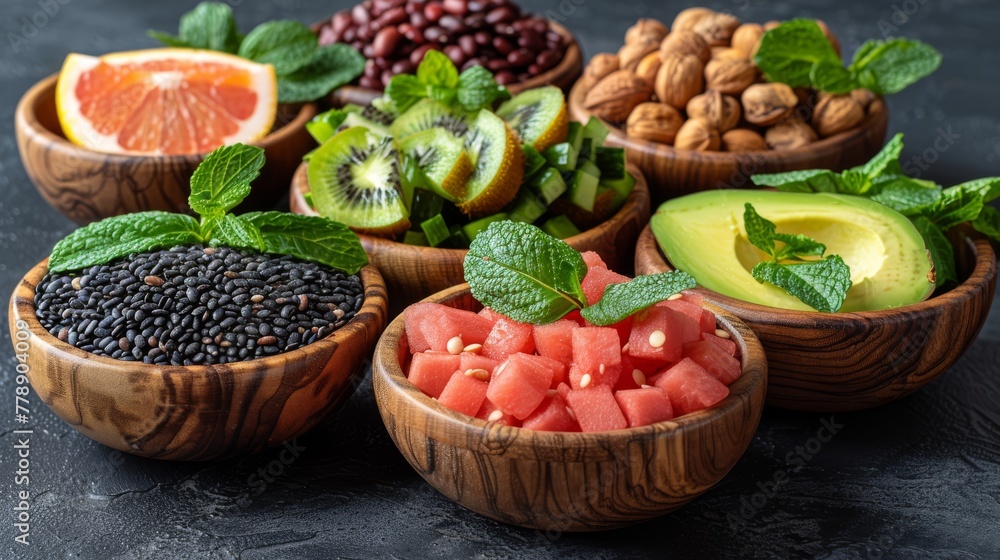   Wooden bowls filled with various fruits and veggies on a dark background