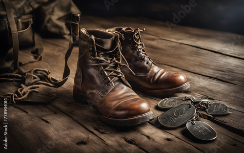 Military boots and dog tags lying on an old wooden floor, symbol of service and sacrifice. photo