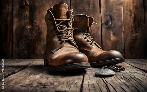 Military boots and dog tags lying on an old wooden floor, symbol of service and sacrifice. photo