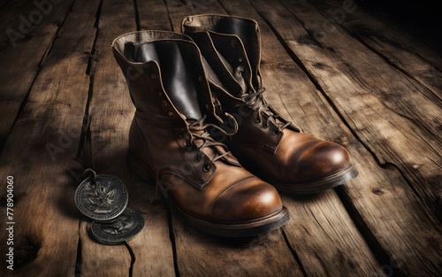 Military boots and dog tags lying on an old wooden floor, symbol of service and sacrifice.