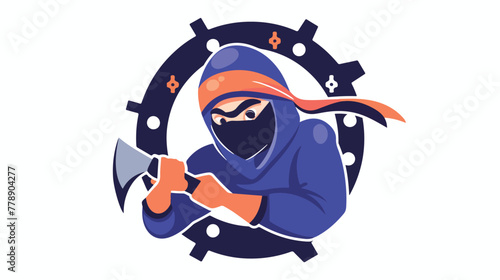 Ninja with wrench logo. vector illustration. 2d fla