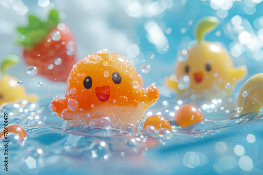Colorful Bath Toys Floating in Sparkling Water Colorful Bath Toys Floating in Sparkling Water
