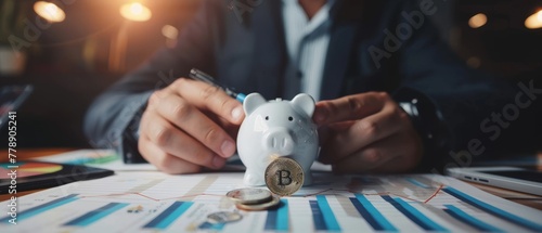 An investor holding a coin in a piggy bank with charts and graphs above his desk. The concept is of money growth and business finance, a successful investment strategy. photo