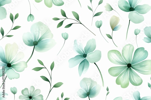 Mint Green flower petals and leaves on white background seamless watercolor pattern spring floral backdrop