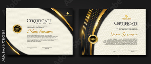 Luxury certificate template with glitter effect dan lines gold shine on frame background